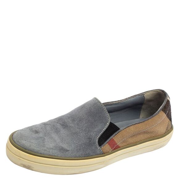 Burberry Ash Blue Suede and House Check Canvas Slip-On Sneakers Size 36.5 - Picture 1 of 4